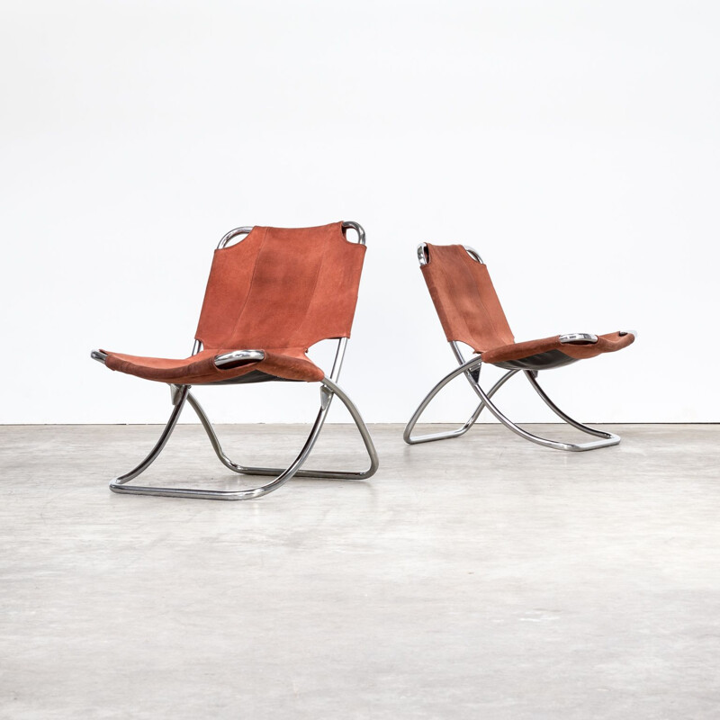 Pair of vintage folding armchairs in chrome and brown leather 1960