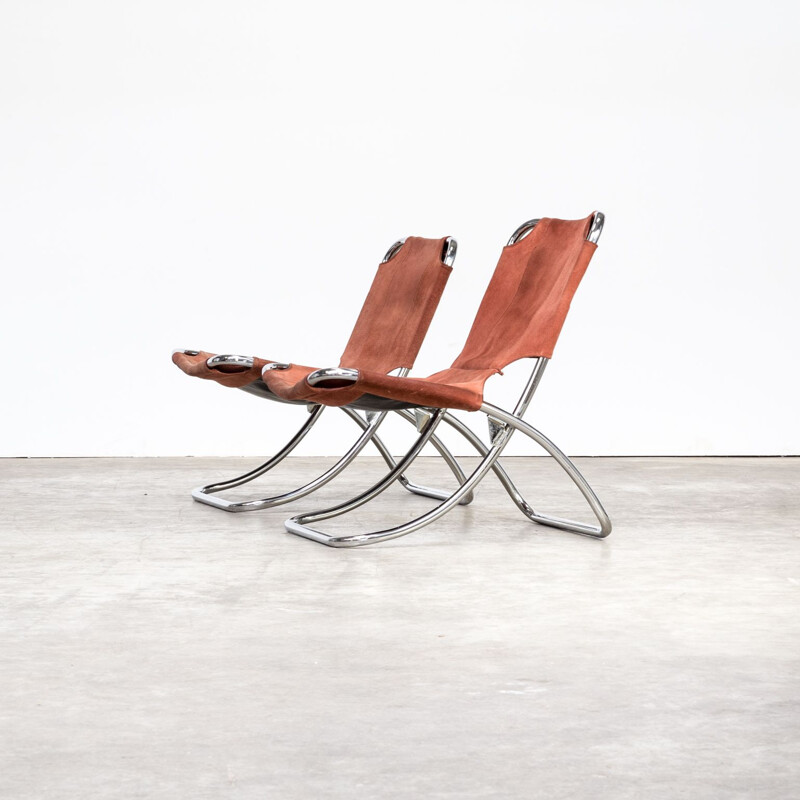 Pair of vintage folding armchairs in chrome and brown leather 1960