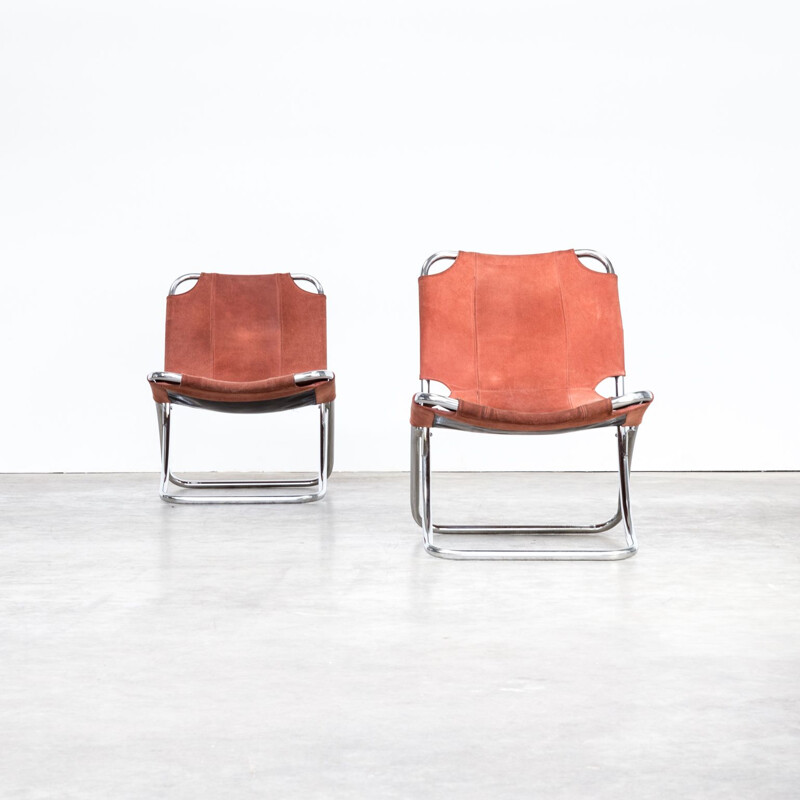 Pair of vintage folding armchairs in chrome and brown leather 1960