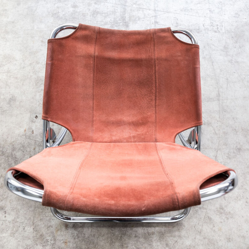 Pair of vintage folding armchairs in chrome and brown leather 1960