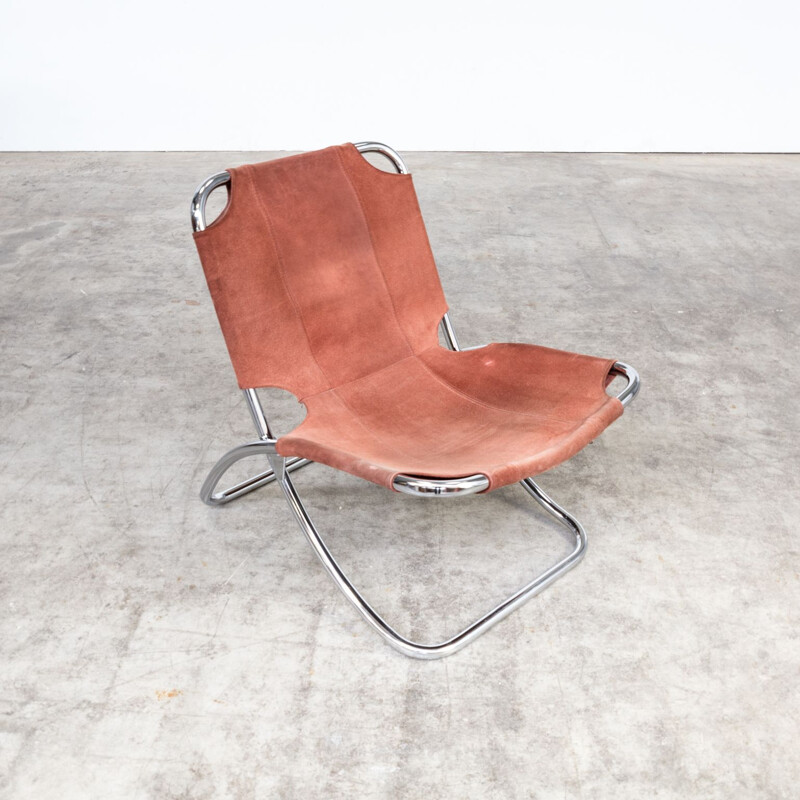 Pair of vintage folding armchairs in chrome and brown leather 1960