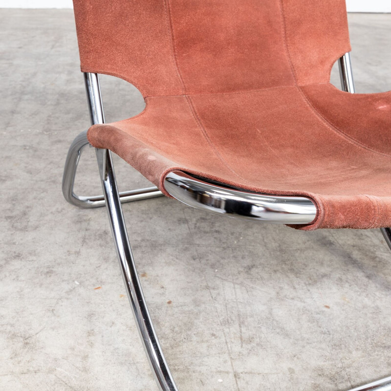 Pair of vintage folding armchairs in chrome and brown leather 1960