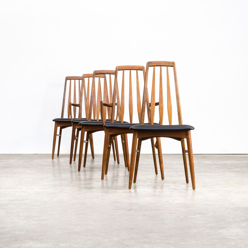 Set of 5 vintage Eva chairs for Koefoed Hornslet in black leatherette and teak