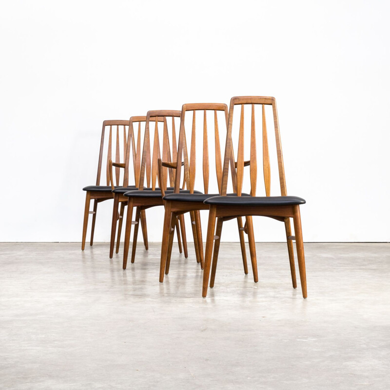 Suite de 5 chaises vintage Eva pour Koefoed Hornslet en similicuir noir et teck