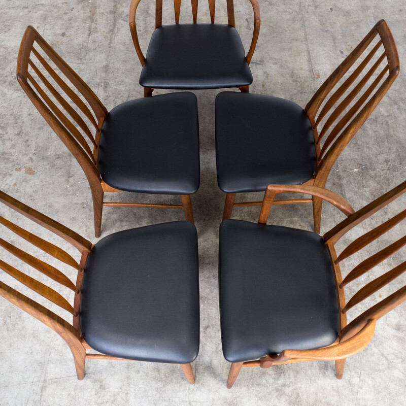 Set of 5 vintage Eva chairs for Koefoed Hornslet in black leatherette and teak