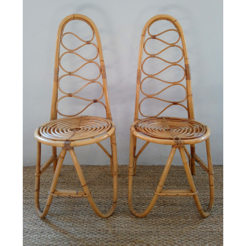 Pair of vintage chairs in bamboo and rattan 1970s
