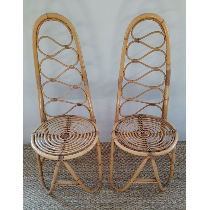 Paire de chaises vintage en bambou et rotin années 70