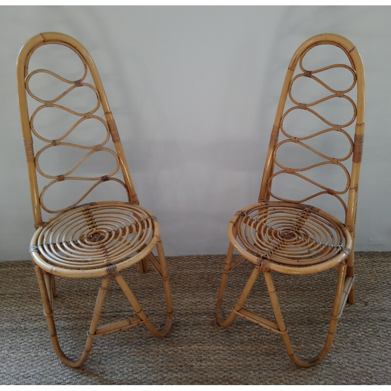 Pair of vintage chairs in bamboo and rattan 1970s