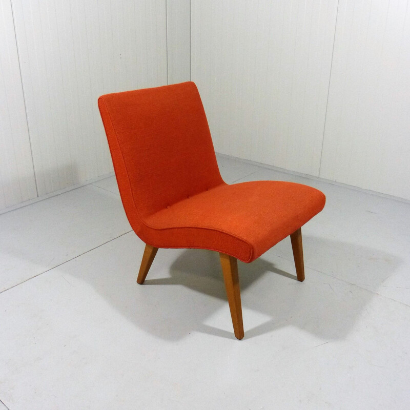 Vintage Vostra armchair by Jens Risom for Knoll in orange fabric and wood 1940