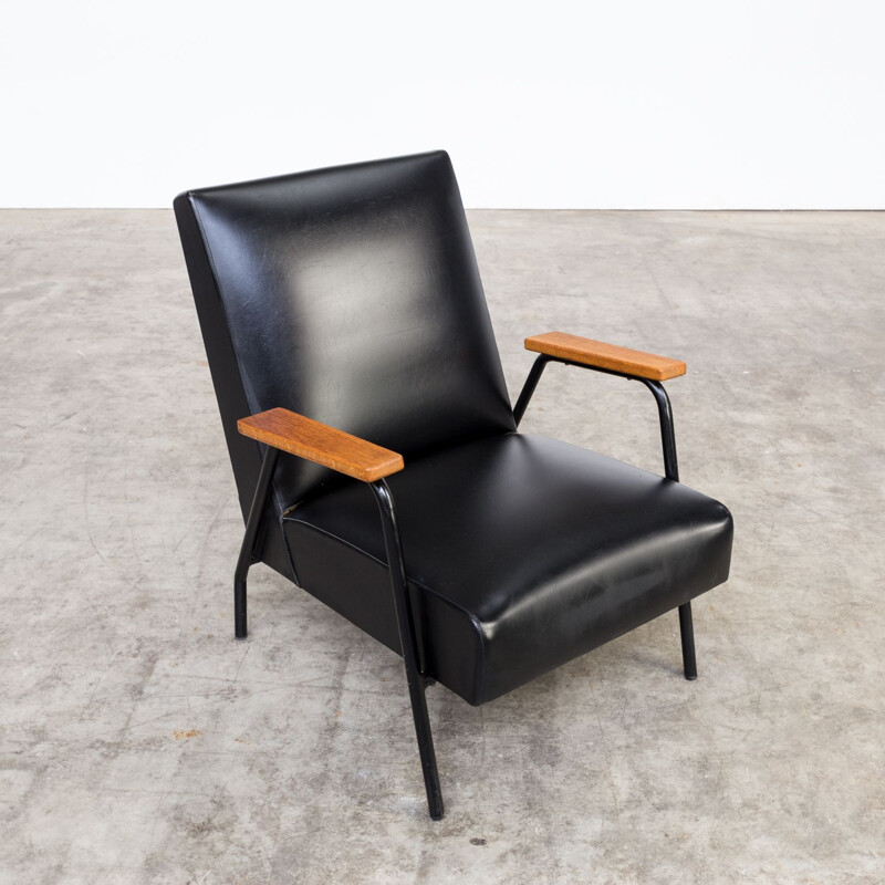 Set of 2 vintage Rio black armchairs for Meurop in teak and metal