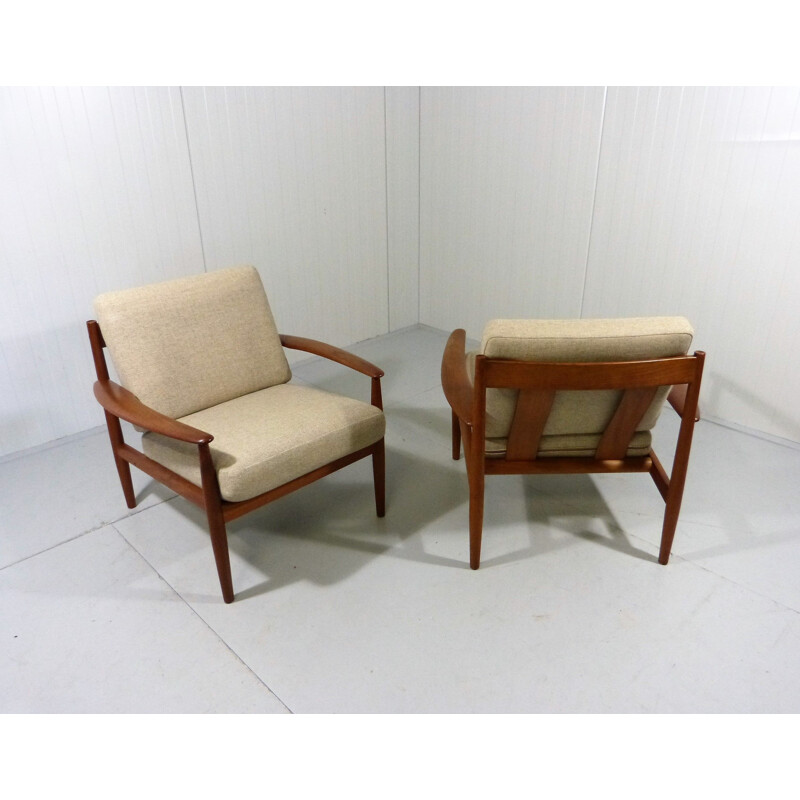 Pair of vintage armchairs by Grete Jalk for France & Son in teak and fabric 1960