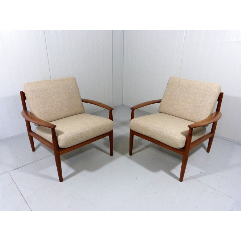 Pair of vintage armchairs by Grete Jalk for France & Son in teak and fabric 1960