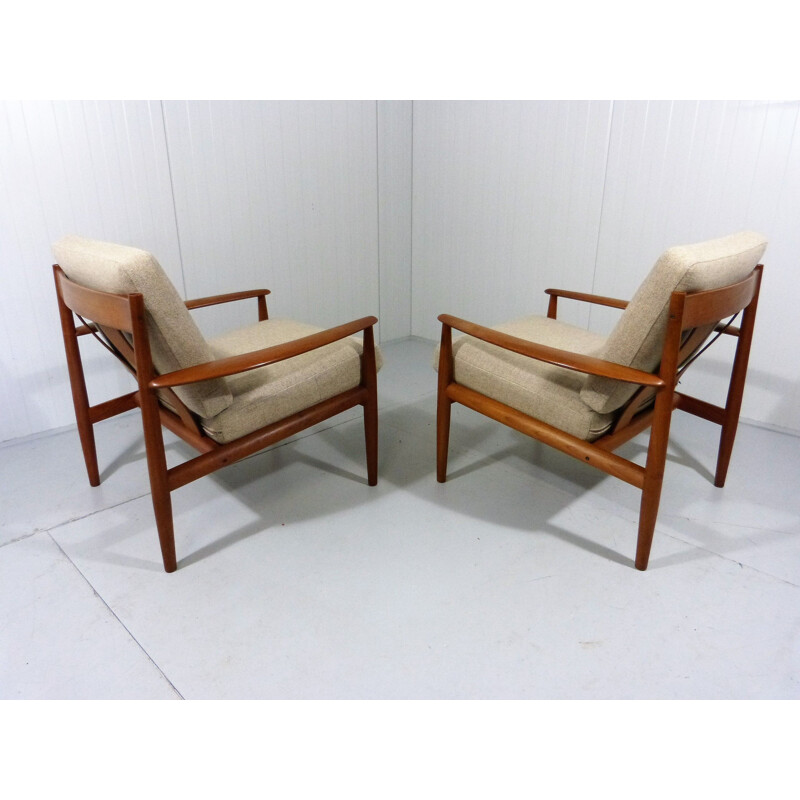 Pair of vintage armchairs by Grete Jalk for France & Son in teak and fabric 1960