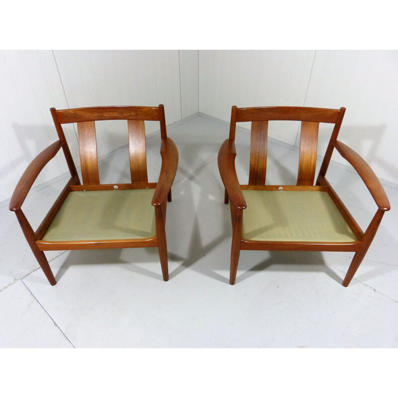 Pair of vintage armchairs by Grete Jalk for France & Son in teak and fabric 1960