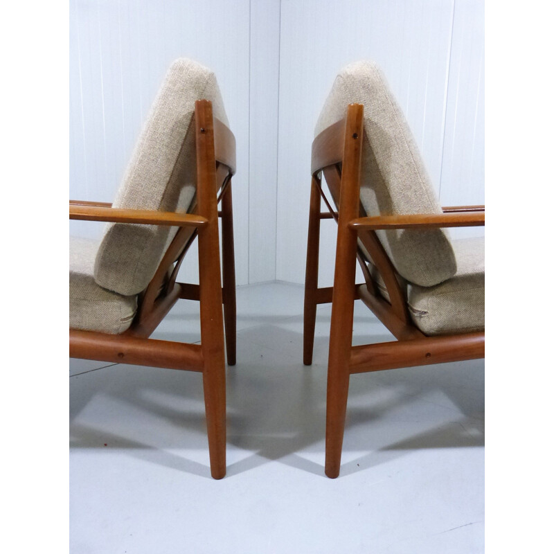 Pair of vintage armchairs by Grete Jalk for France & Son in teak and fabric 1960