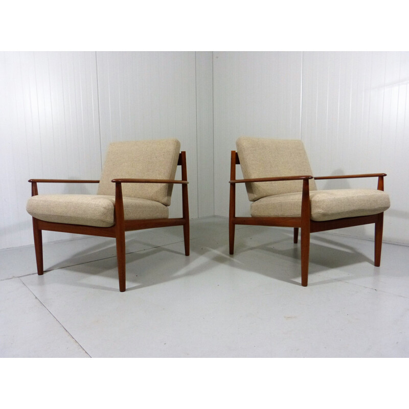 Pair of vintage armchairs by Grete Jalk for France & Son in teak and fabric 1960