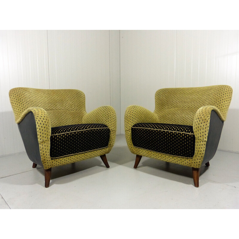 Pair of vintage armchairs in black and green velvet and wood 1950