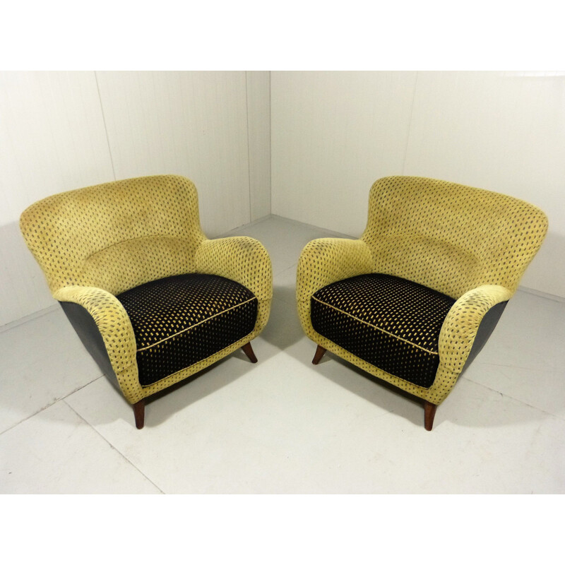 Pair of vintage armchairs in black and green velvet and wood 1950