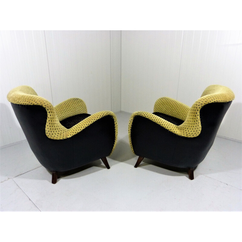 Pair of vintage armchairs in black and green velvet and wood 1950