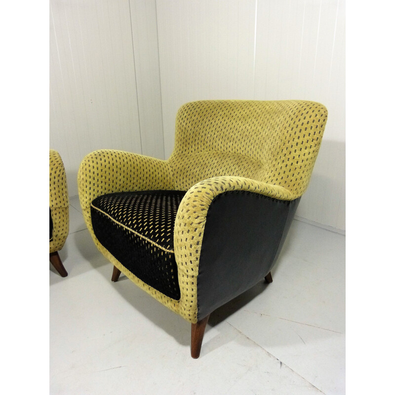 Pair of vintage armchairs in black and green velvet and wood 1950