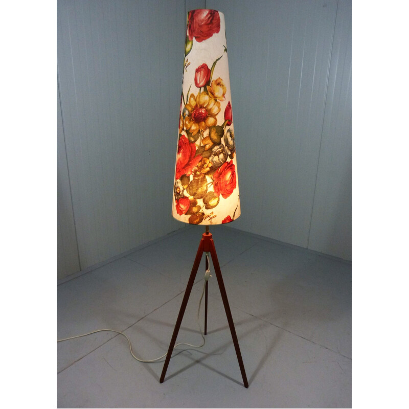 Vintage tripod floor lamp in teak and fabric with flower shade 1950