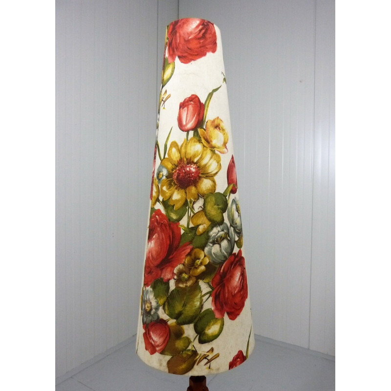 Lampadaire vintage tripode en teck et abat-jour fleurs en tissu 1950