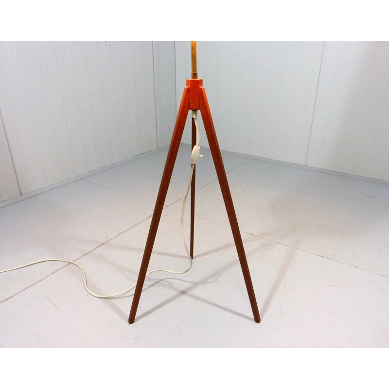 Vintage tripod floor lamp in teak and fabric with flower shade 1950