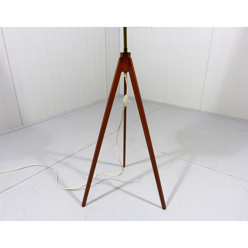 Vintage tripod floor lamp in teak and fabric with flower shade 1950