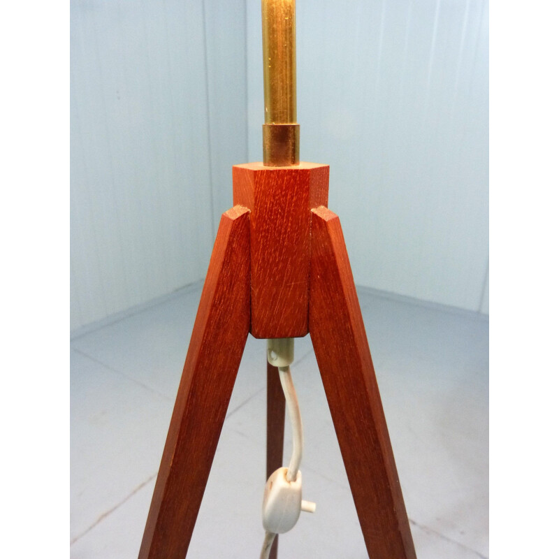 Vintage tripod floor lamp in teak and fabric with flower shade 1950