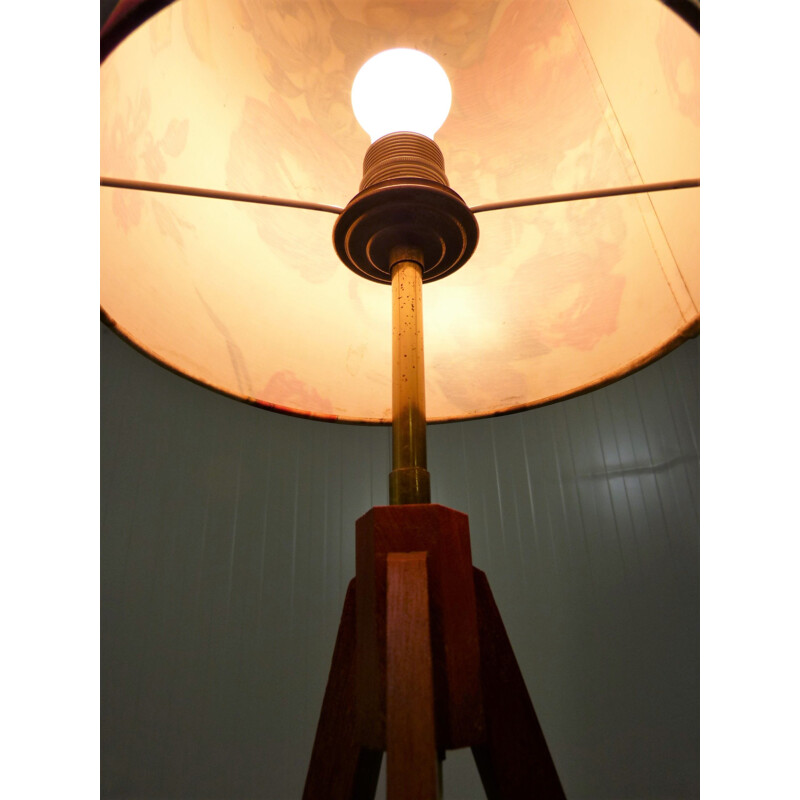 Vintage tripod floor lamp in teak and fabric with flower shade 1950