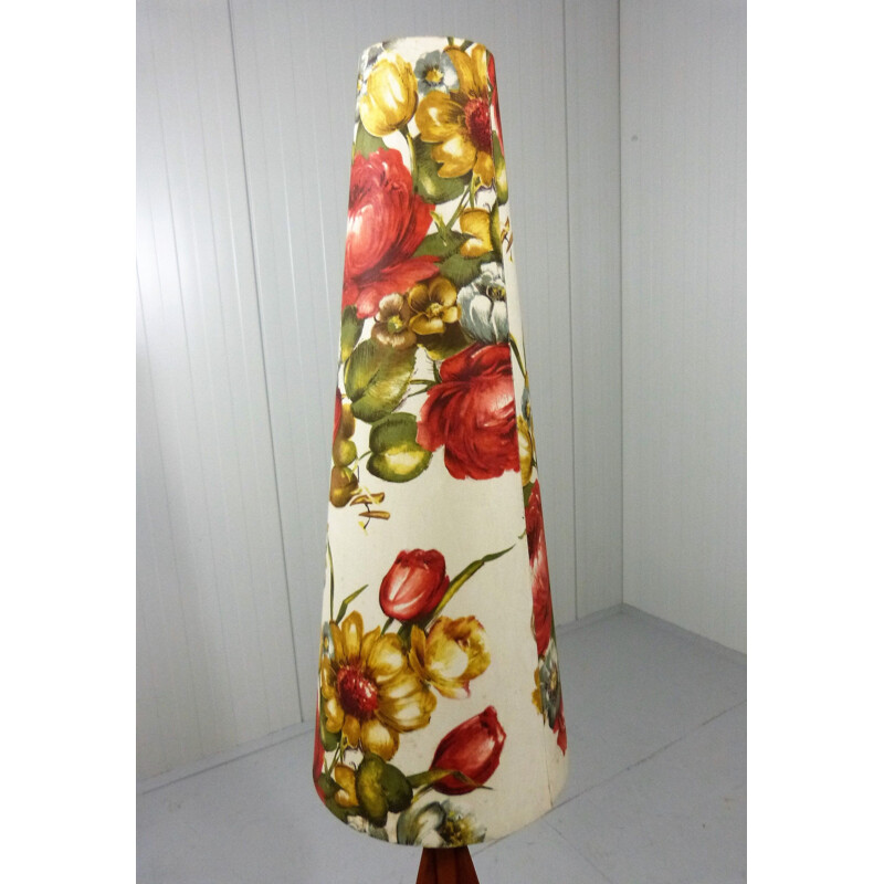 Lampadaire vintage tripode en teck et abat-jour fleurs en tissu 1950