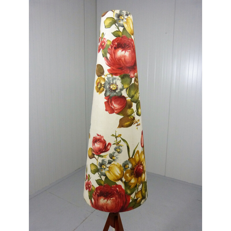 Lampadaire vintage tripode en teck et abat-jour fleurs en tissu 1950