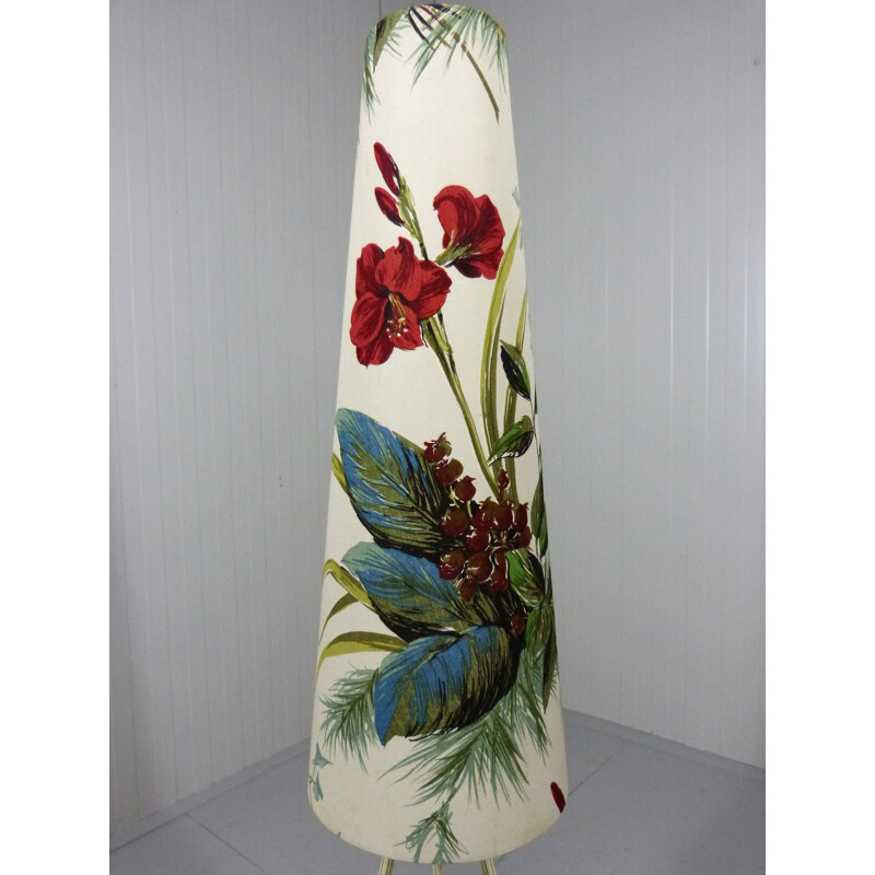 Vintage botanical tripod floor lamp in fabric and brass 1950