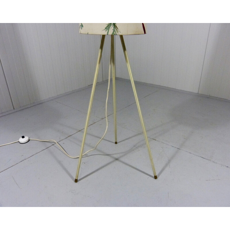 Vintage botanical tripod floor lamp in fabric and brass 1950