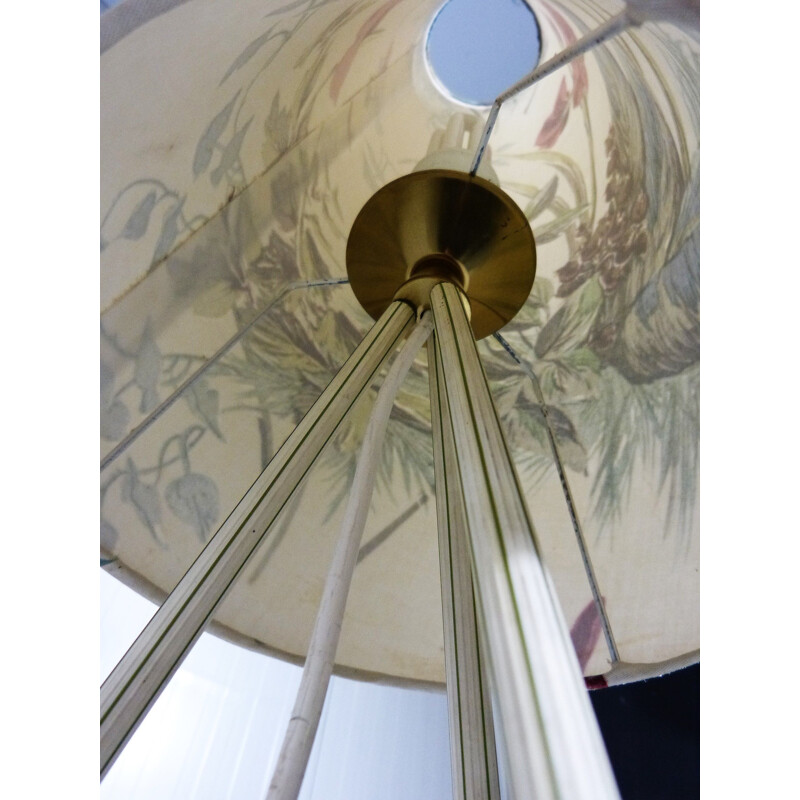 Vintage botanical tripod floor lamp in fabric and brass 1950