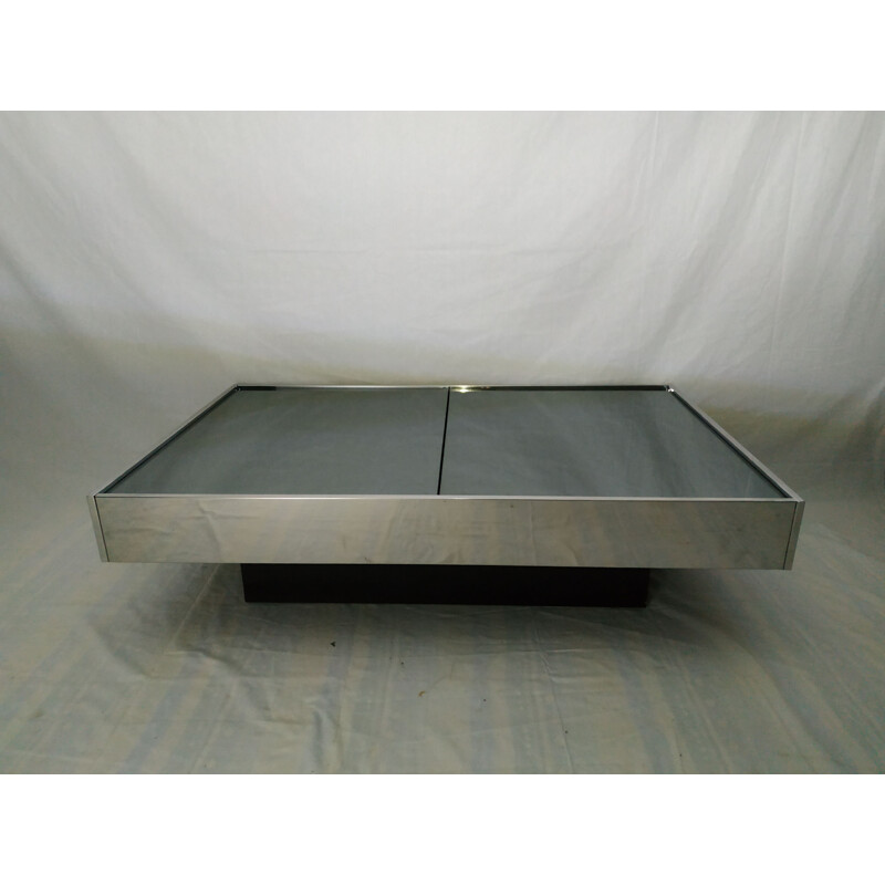 Vintage coffee table in glass metal and steel 1970