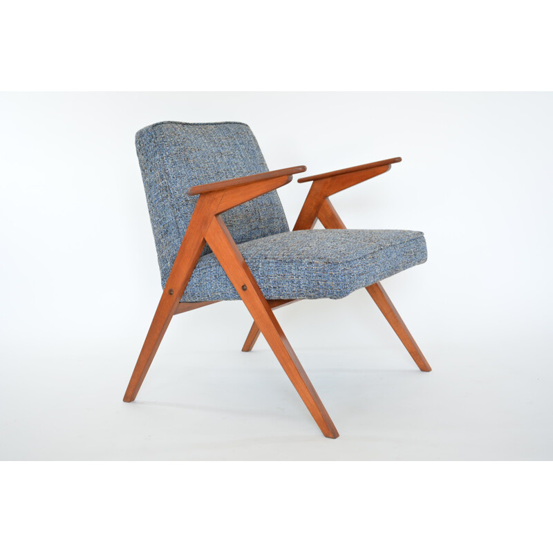 Vintage armchair in blue fabric and wood 1970