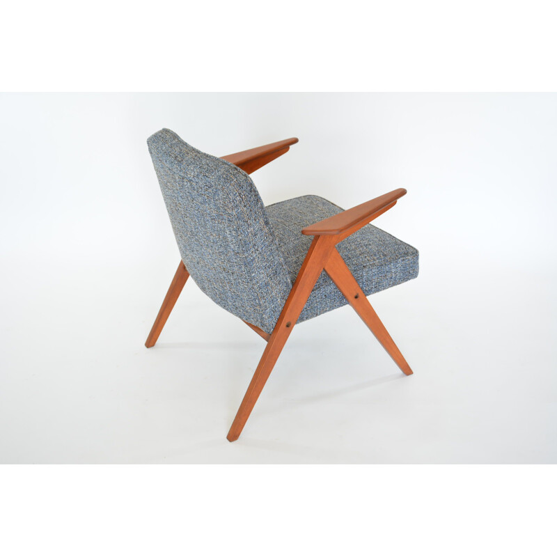 Vintage armchair in blue fabric and wood 1970