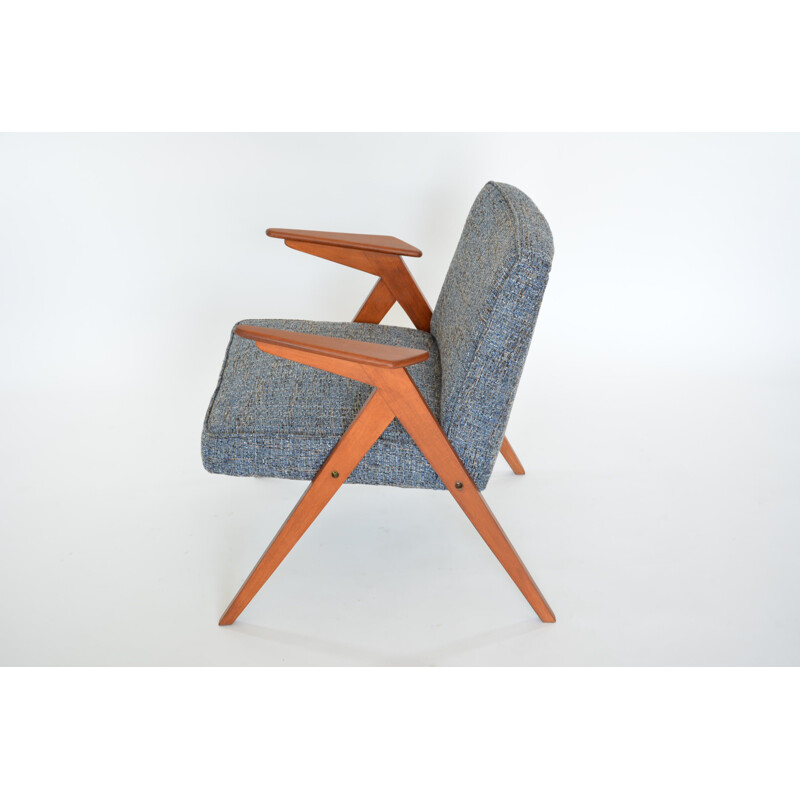 Vintage armchair in blue fabric and wood 1970