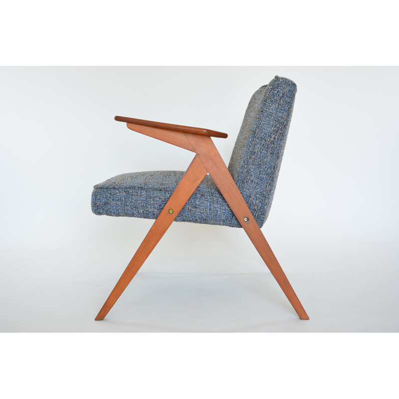 Vintage armchair in blue fabric and wood 1970