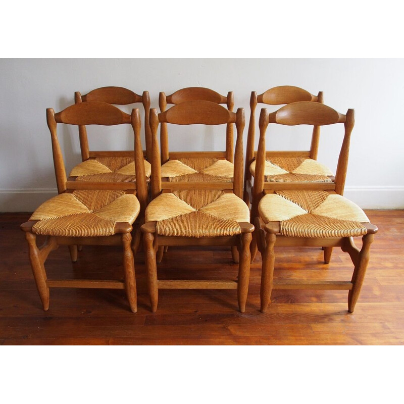 Serie of 6 vintage chairs in solid oak by Guillerme and Chambron 1960