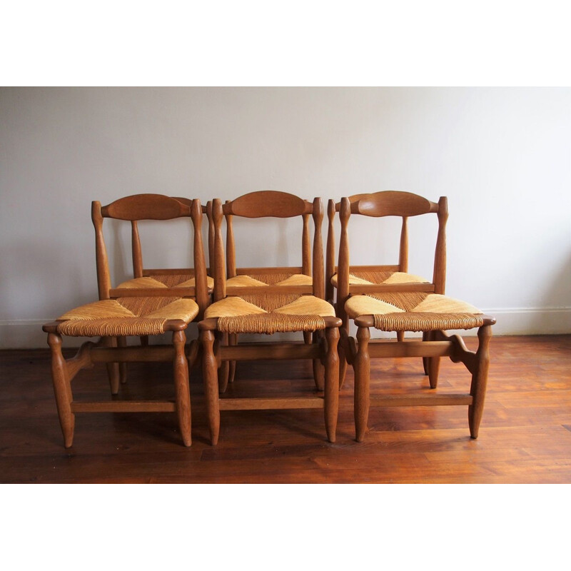 Serie of 6 vintage chairs in solid oak by Guillerme and Chambron 1960