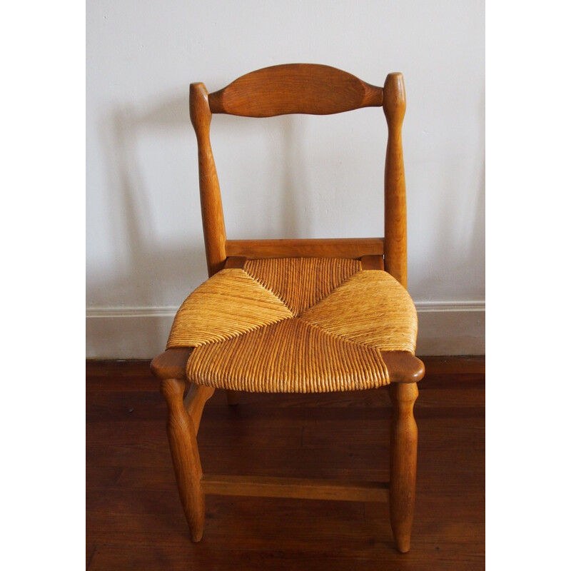 Serie of 6 vintage chairs in solid oak by Guillerme and Chambron 1960