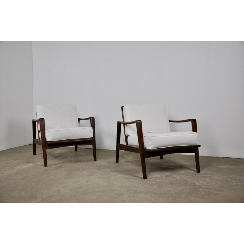 Pair of white vintage teak armchairs 1960