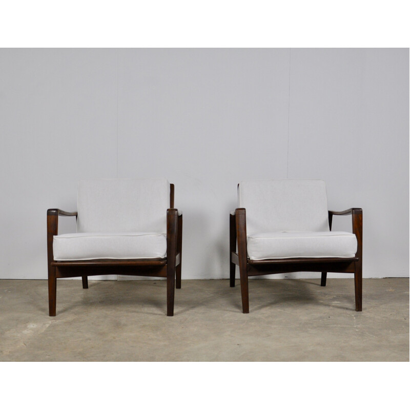 Pair of white vintage teak armchairs 1960