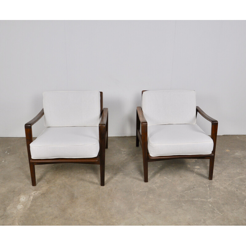 Pair of white vintage teak armchairs 1960