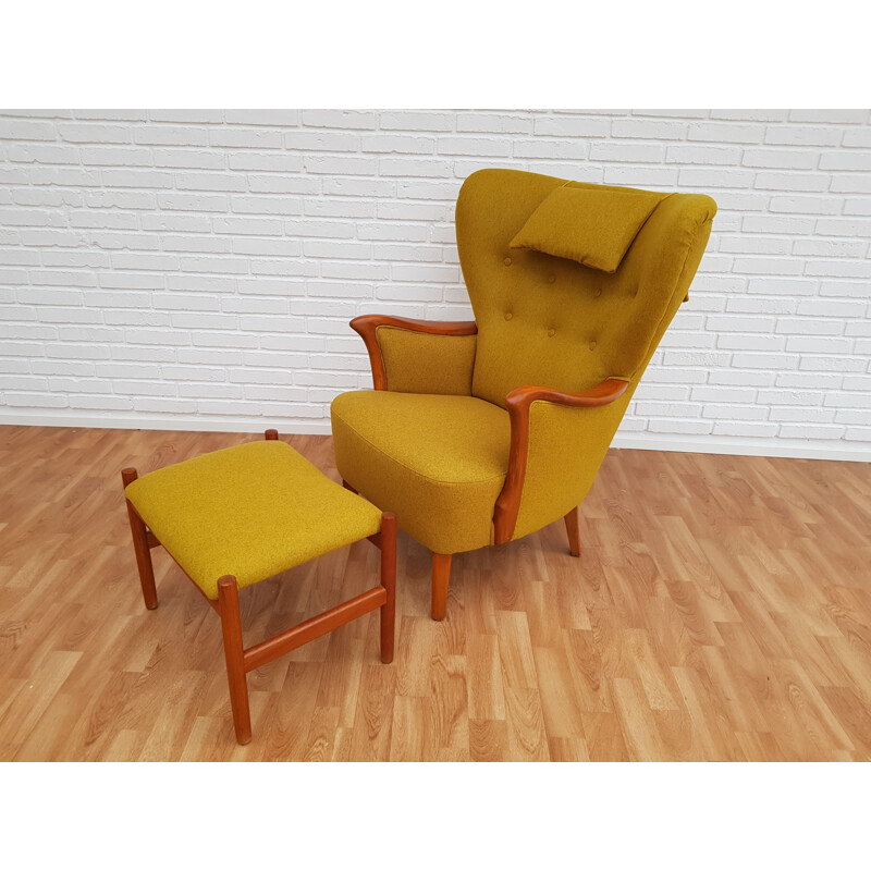 Fauteuil vintage jaune avec repose pieds 1960