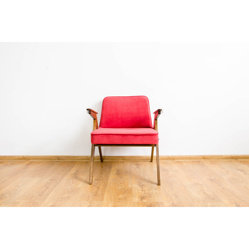 Fauteuil vintage en hêtre et tissu rouge