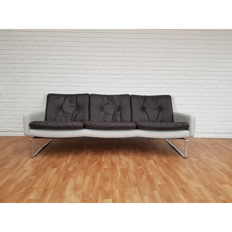 Danish 3-seater sofa in wool and leather