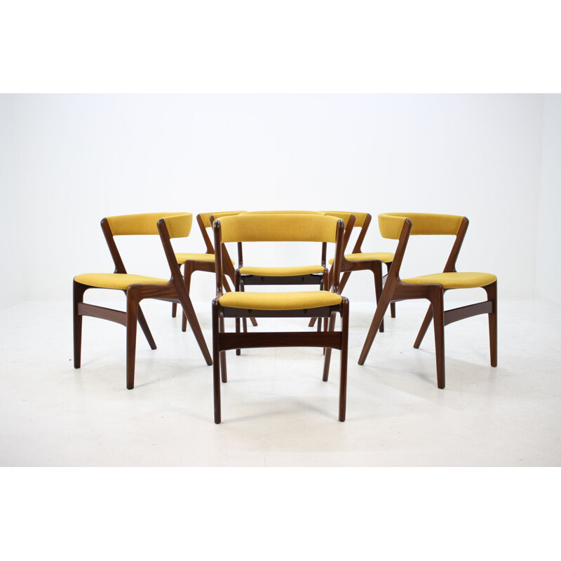 Set of 6 yellow chairs in teak by Kai Kristiansen